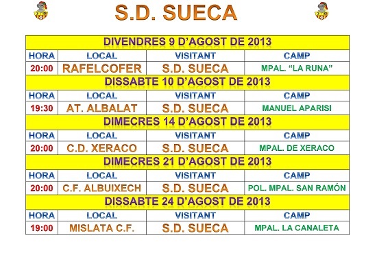 HORARIOS PRETEMPORADA SD SUECA 2013/14 como visitantes